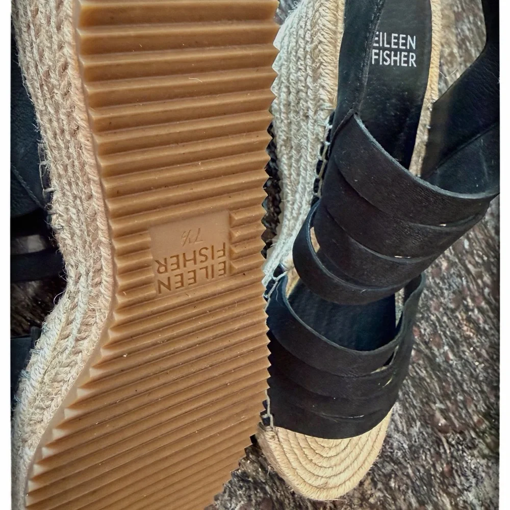 Eileen Fisher 7.5 Black Suede Strappy Espadrille Wedges